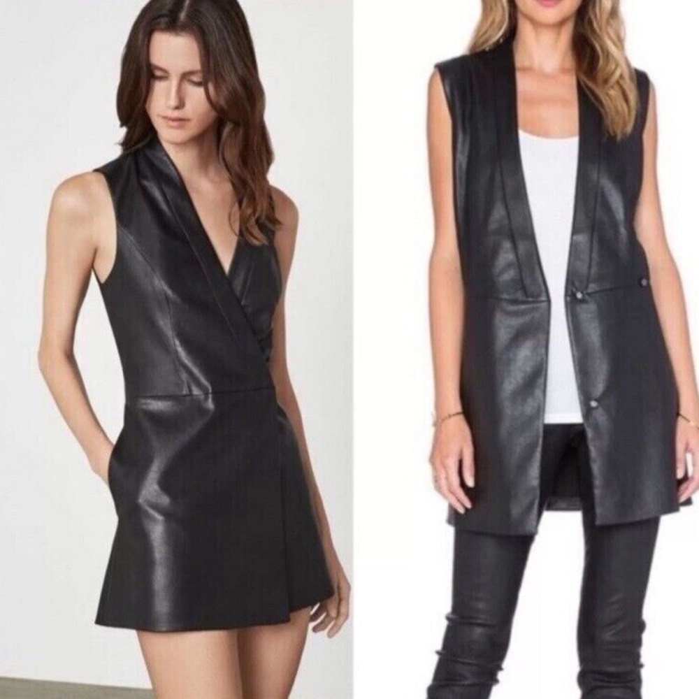 BCBGMaxazria Caryn Wrap Mini Dress, Size L 
Black Faux Leather Sleeveless V Neck